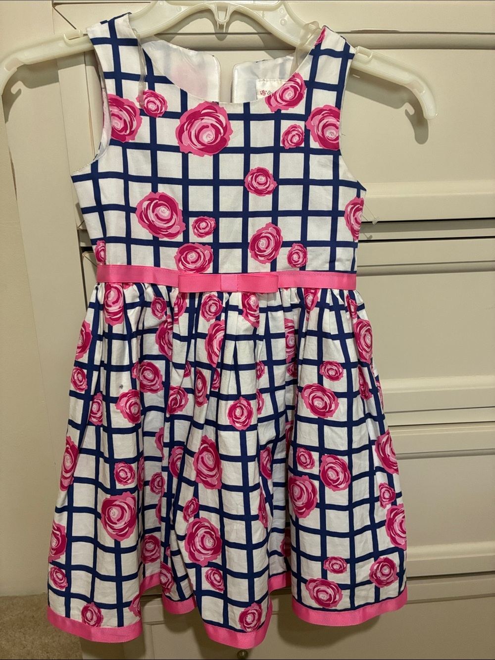 Sweet Heart Rose White Dress with Navy Grid & Pink Rose Print Size 5